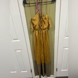 Anthropologie Size 6 Satiny Gold Off Shoulder Halter Dress